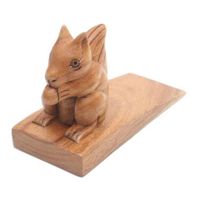 Alternate image for Handcrafted Wood Squirrel Doorstop in Brown from Bali Helpful Squirrel in Brown
