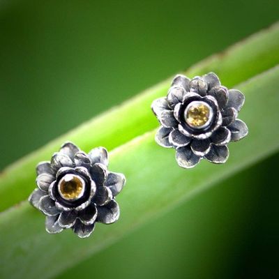 Primary image for Floral Citrine Sterling Silver Button Earrings Golden-Eyed Lotus
