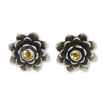 Alternate image for Floral Citrine Sterling Silver Button Earrings Golden-Eyed Lotus