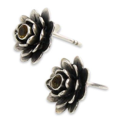Alternate image for Floral Citrine Sterling Silver Button Earrings Golden-Eyed Lotus