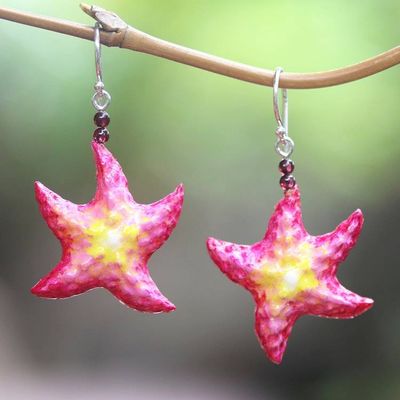 Primary image for Hand-Painted Bone and Garnet Starfish Dangle Earrings Happy Starfish