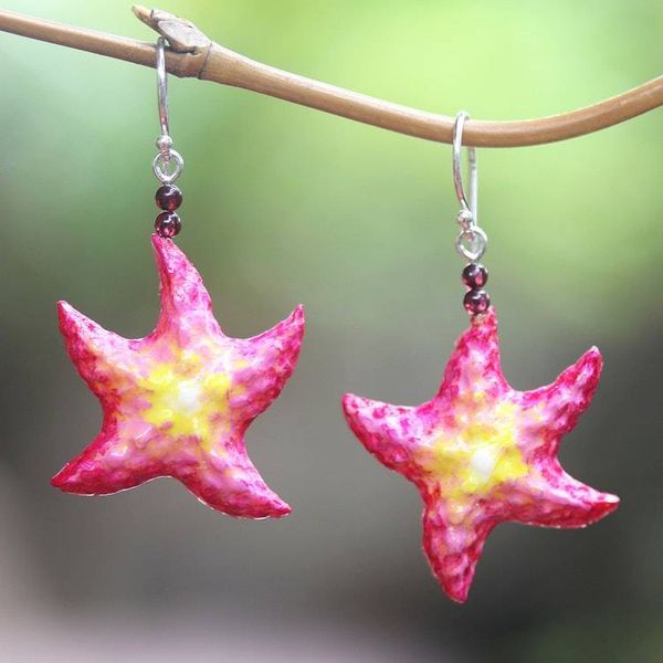Alternate image for Hand-Painted Bone and Garnet Starfish Dangle Earrings Happy Starfish