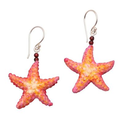 Alternate image for Hand-Painted Bone and Garnet Starfish Dangle Earrings Happy Starfish