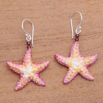 Alternate image for Hand-Painted Bone and Garnet Starfish Dangle Earrings Happy Starfish