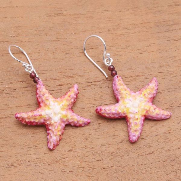 Alternate image for Hand-Painted Bone and Garnet Starfish Dangle Earrings Happy Starfish