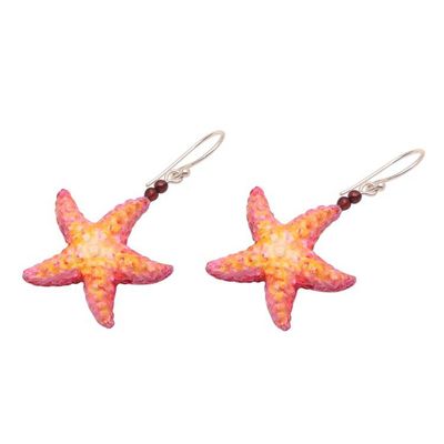 Alternate image for Hand-Painted Bone and Garnet Starfish Dangle Earrings Happy Starfish