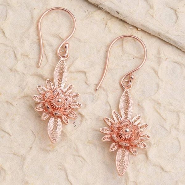 Alternate image for Hand Crafted Rose Gold Plated Flower Dangle Earrings Flower Lights