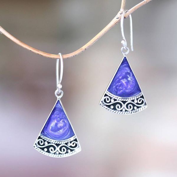Alternate image for Sterling Silver and Purple Resin Dangle Earrings from Bali Mystical Triangles
