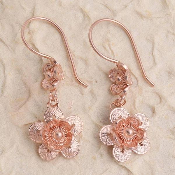 Alternate image for Hand Crafted Rose Gold Plated Flower Dangle Earrings Flower Artistry