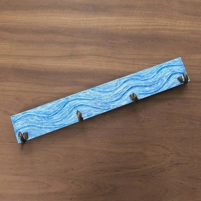 Alternate image for Handcrafted Balinese Blue Teak Wood Coat Rack Hanger Beach Waves in Blue