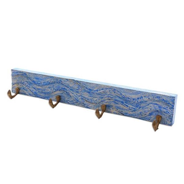 Alternate image for Handcrafted Balinese Blue Teak Wood Coat Rack Hanger Beach Waves in Blue