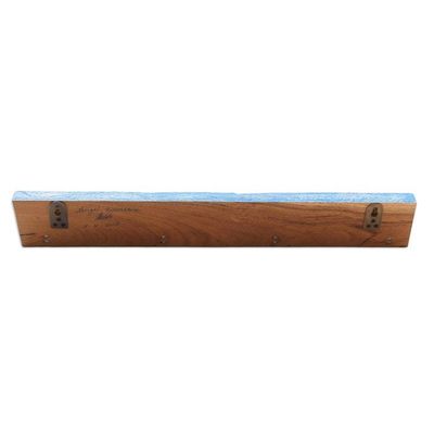 Alternate image for Handcrafted Balinese Blue Teak Wood Coat Rack Hanger Beach Waves in Blue