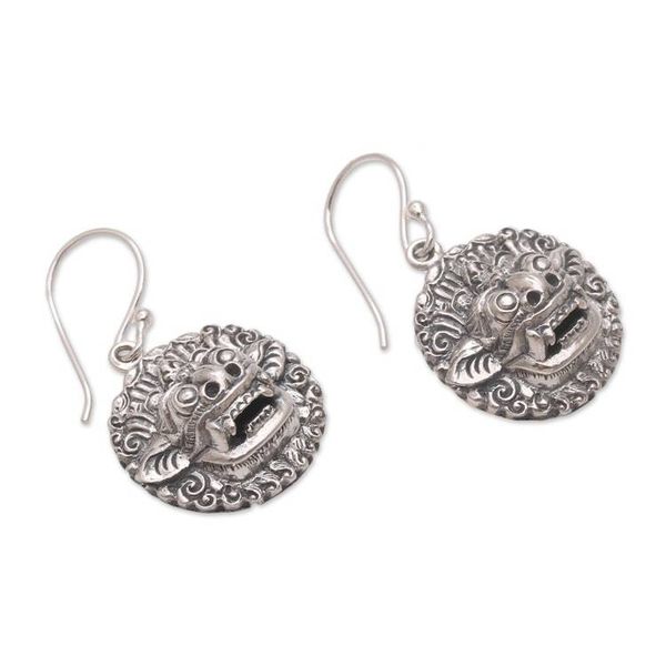 Alternate image for Sterling Silver Barong Guardian Spirit Dangle Earrings Balinese Guardian