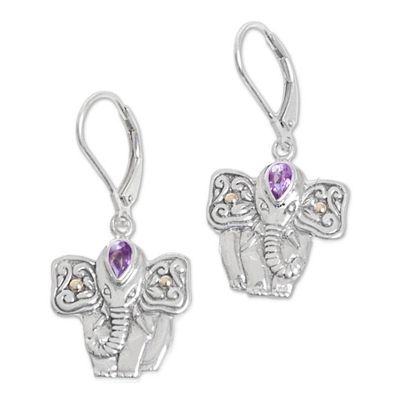 Alternate image for Hand Made Amethyst Elephant Dangle Earrings from Indonesia Indonesian Elephant