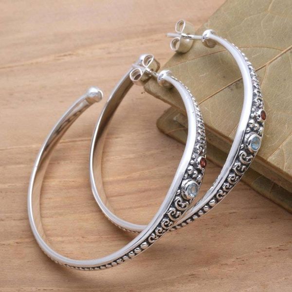 Alternate image for Blue Topaz and Garnet Sterling Silver Half Hoop Earrings Majestic Air