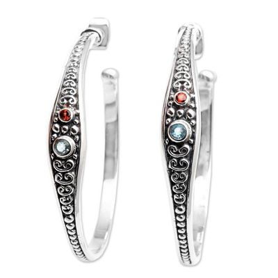 Alternate image for Blue Topaz and Garnet Sterling Silver Half Hoop Earrings Majestic Air