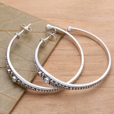 Alternate image for Blue Topaz and Garnet Sterling Silver Half Hoop Earrings Majestic Air