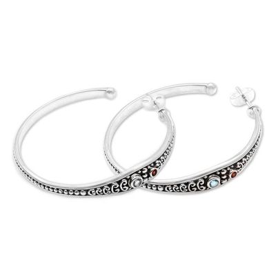 Alternate image for Blue Topaz and Garnet Sterling Silver Half Hoop Earrings Majestic Air