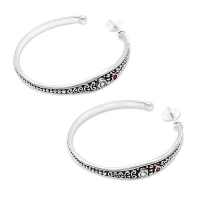 Alternate image for Blue Topaz and Garnet Sterling Silver Half Hoop Earrings Majestic Air