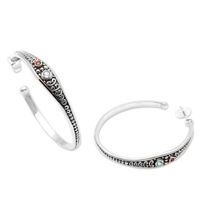Alternate image for Blue Topaz and Garnet Sterling Silver Half Hoop Earrings Majestic Air