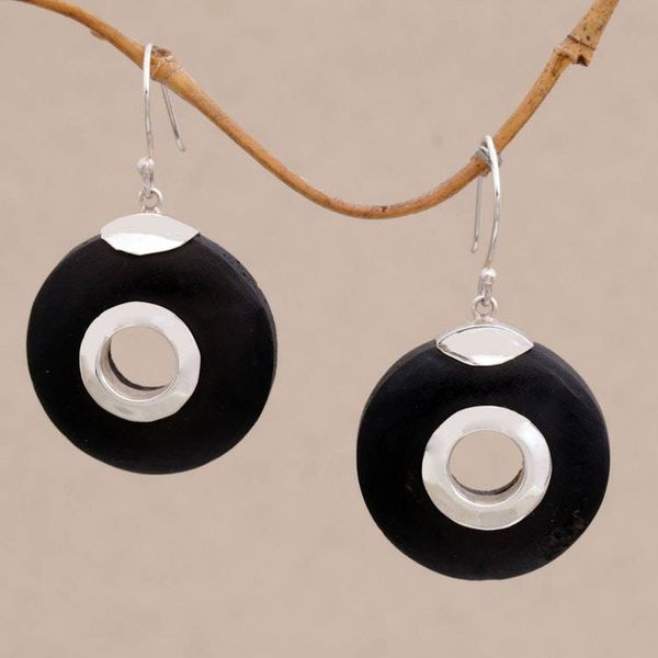 Alternate image for Sterling Silver and Lava Stone Circle Earrings from Bali Wheels of Change