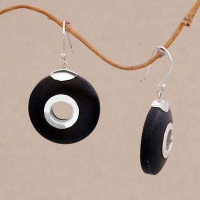 Alternate image for Sterling Silver and Lava Stone Circle Earrings from Bali Wheels of Change