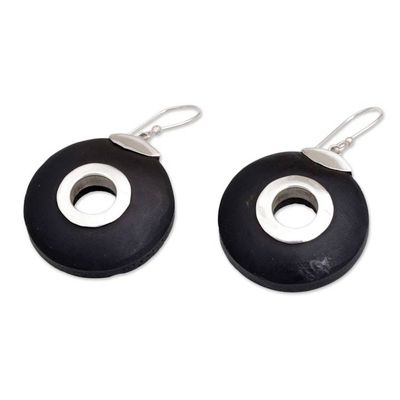 Alternate image for Sterling Silver and Lava Stone Circle Earrings from Bali Wheels of Change