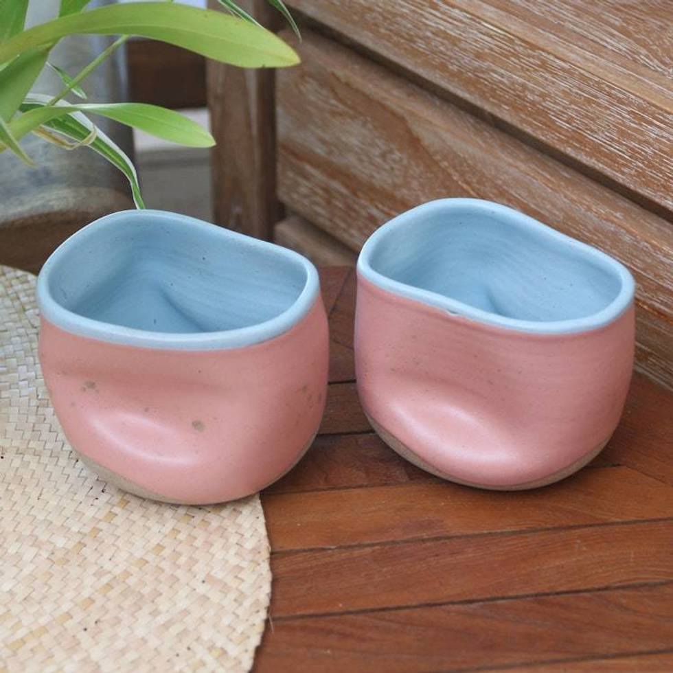 Artisan Crafted Teacups from Java Pair 'Pink Squeeze'