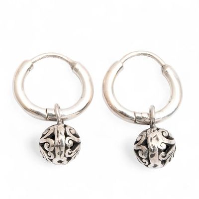 Main image for Sterling Silver Hoop Earrings with Balinese Swirl Ball Motif Swirling Garden