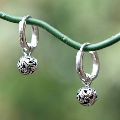 Alternate image for Sterling Silver Hoop Earrings with Balinese Swirl Ball Motif Swirling Garden