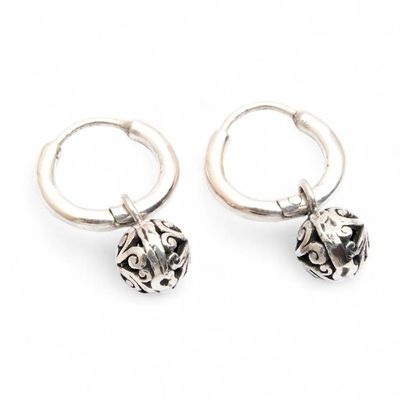 Alternate image for Sterling Silver Hoop Earrings with Balinese Swirl Ball Motif Swirling Garden