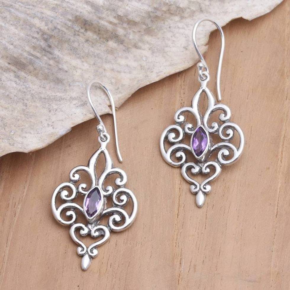 Amethyst and Sterling Silver Dangle Earrings from Bali 'Romantic Shield'