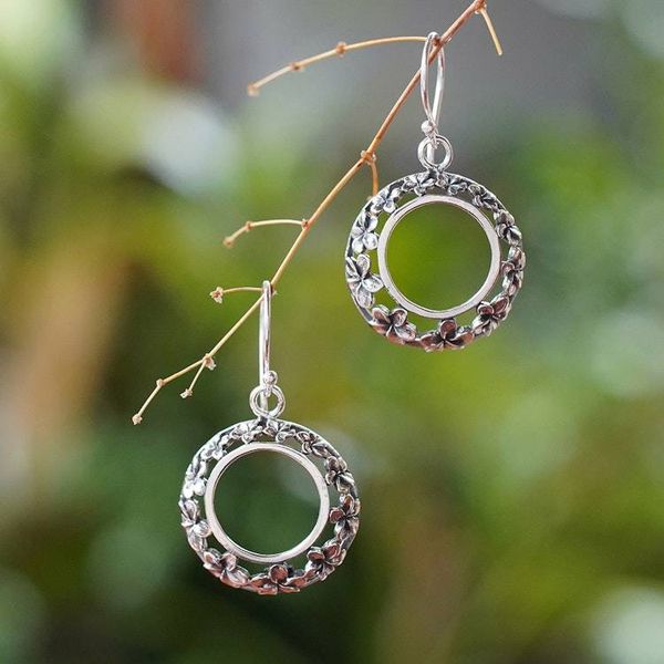 Alternate image for Balinese-Made Sterling Silver Plumeria Bloom Dangle Earrings Plumeria Essence