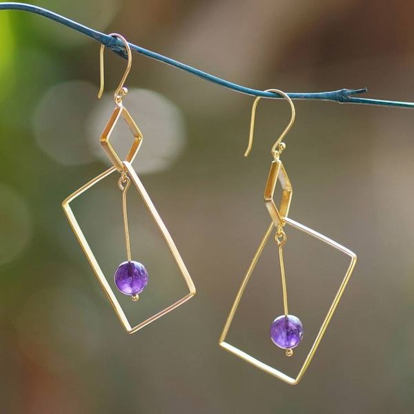 Alternate image for Geometric-Themed 18k Gold-Plated Amethyst Dangle Earrings My Wise Reflection