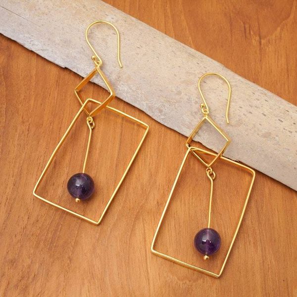 Alternate image for Geometric-Themed 18k Gold-Plated Amethyst Dangle Earrings My Wise Reflection