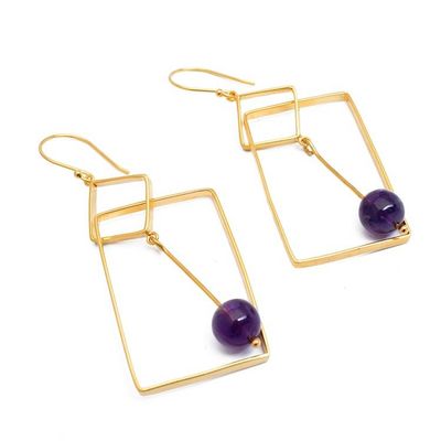 Alternate image for Geometric-Themed 18k Gold-Plated Amethyst Dangle Earrings My Wise Reflection