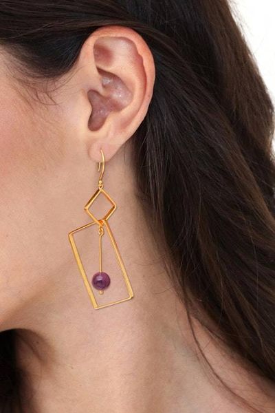 Alternate image for Geometric-Themed 18k Gold-Plated Amethyst Dangle Earrings My Wise Reflection