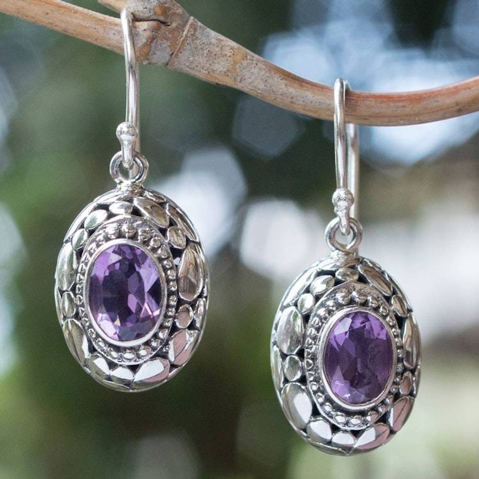 Sterling Silver Dangle Earrings with Oval Amethyst Gemstones 'Wonderful Purple'