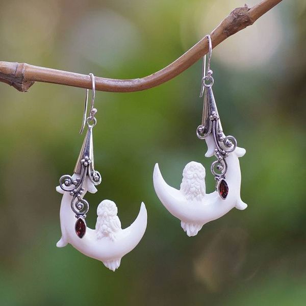 Alternate image for Moon and Owl-Themed Natural Garnet Dangle Earrings from Bali Mysticism of Love