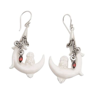 Alternate image for Moon and Owl-Themed Natural Garnet Dangle Earrings from Bali Mysticism of Love