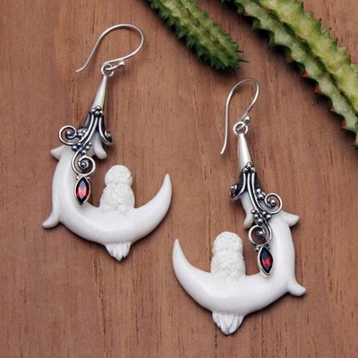 Alternate image for Moon and Owl-Themed Natural Garnet Dangle Earrings from Bali Mysticism of Love