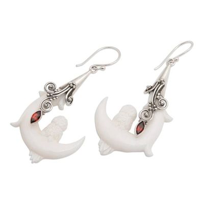 Alternate image for Moon and Owl-Themed Natural Garnet Dangle Earrings from Bali Mysticism of Love