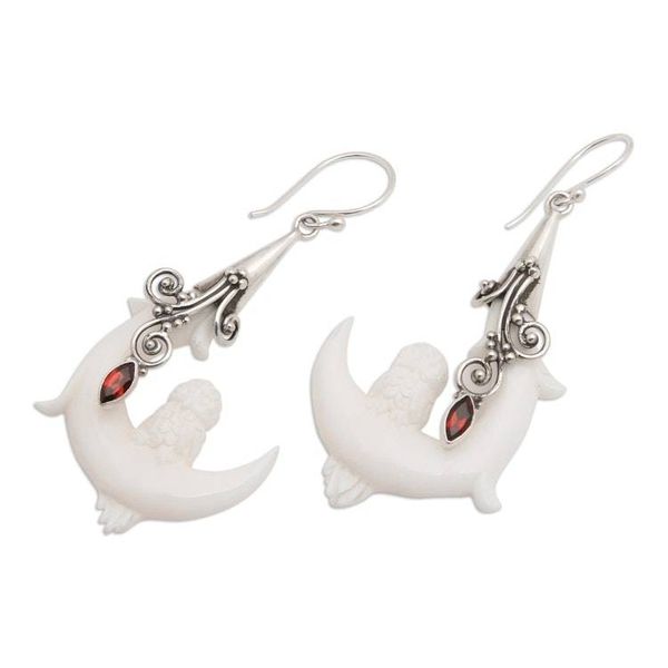 Alternate image for Moon and Owl-Themed Natural Garnet Dangle Earrings from Bali Mysticism of Love