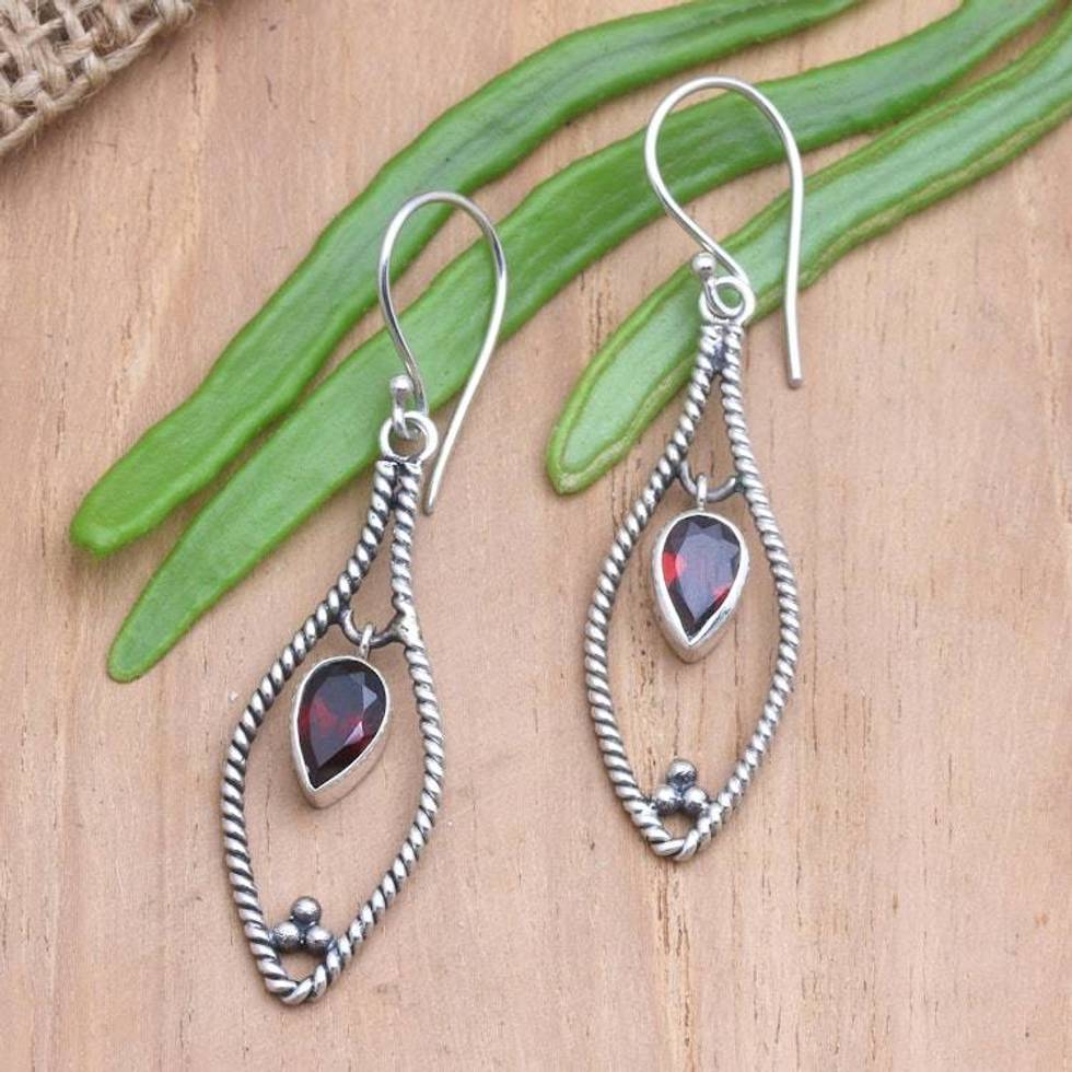 Garnet and Sterling Silver Dangle Earrings 'Romantic Twist'