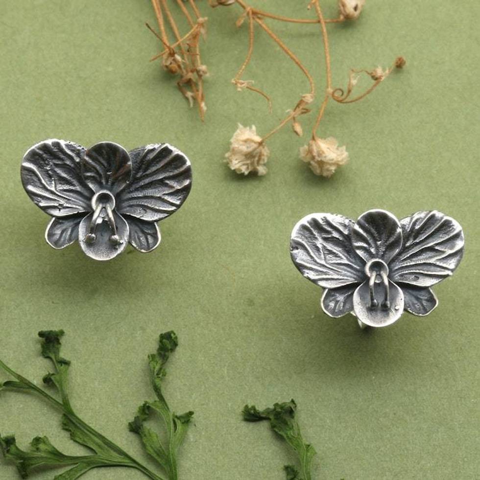 Oxidized Orchid-Shaped Sterling Silver Button Earrings 'Ancient Orchids'