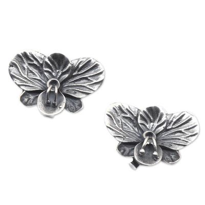 Alternate image for Oxidized Orchid-Shaped Sterling Silver Button Earrings Ancient Orchids