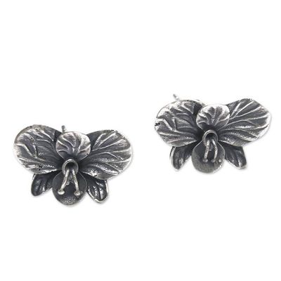 Alternate image for Oxidized Orchid-Shaped Sterling Silver Button Earrings Ancient Orchids