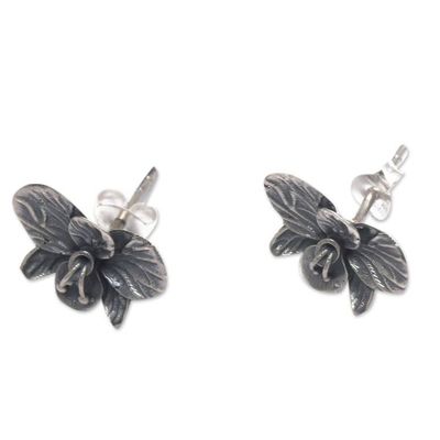 Alternate image for Oxidized Orchid-Shaped Sterling Silver Button Earrings Ancient Orchids