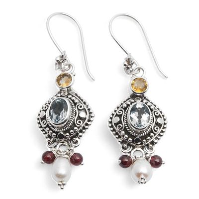 Primary image for Blue Topaz Cultured Pearl Citrine Garnet and Silver Earrings Gemstone Glam