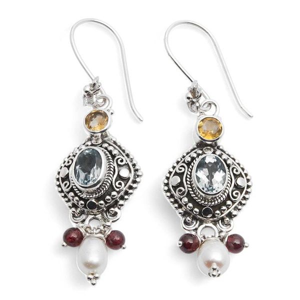 Alternate image for Blue Topaz Cultured Pearl Citrine Garnet and Silver Earrings Gemstone Glam